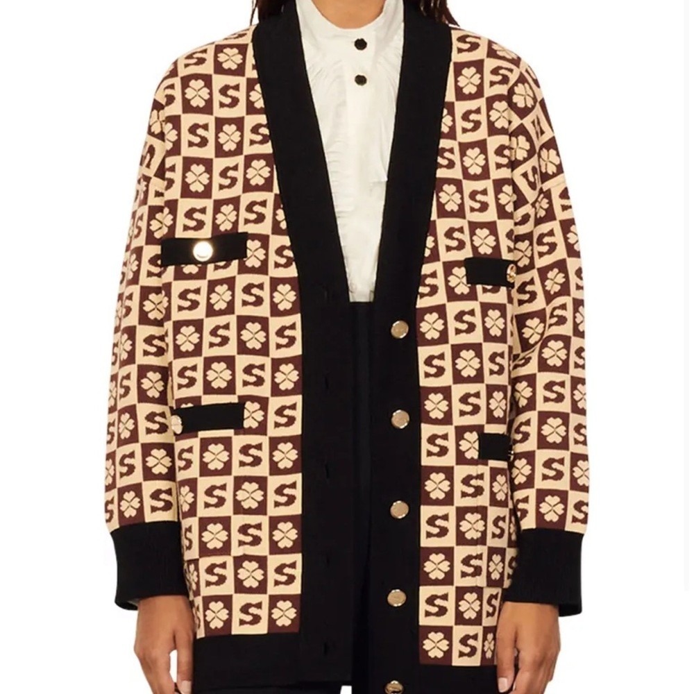 Sandro Cardigan Women US 2 FR 0 Brown Monogram Clover Knit Button Front Sweater